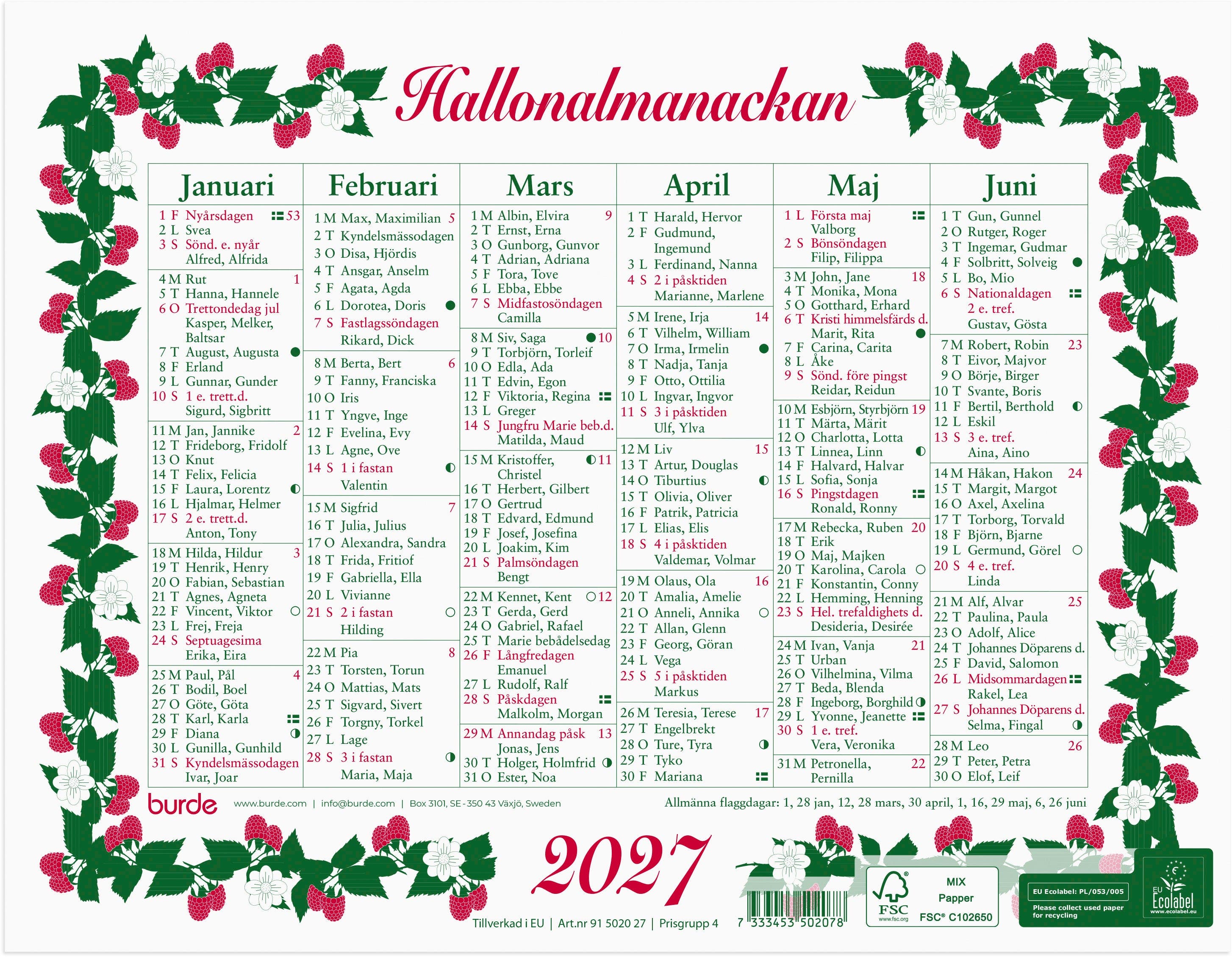 Produktbild - VF7009431 - Väggalmanacka lilla hallon 2027 halvår per sida 245x190mm