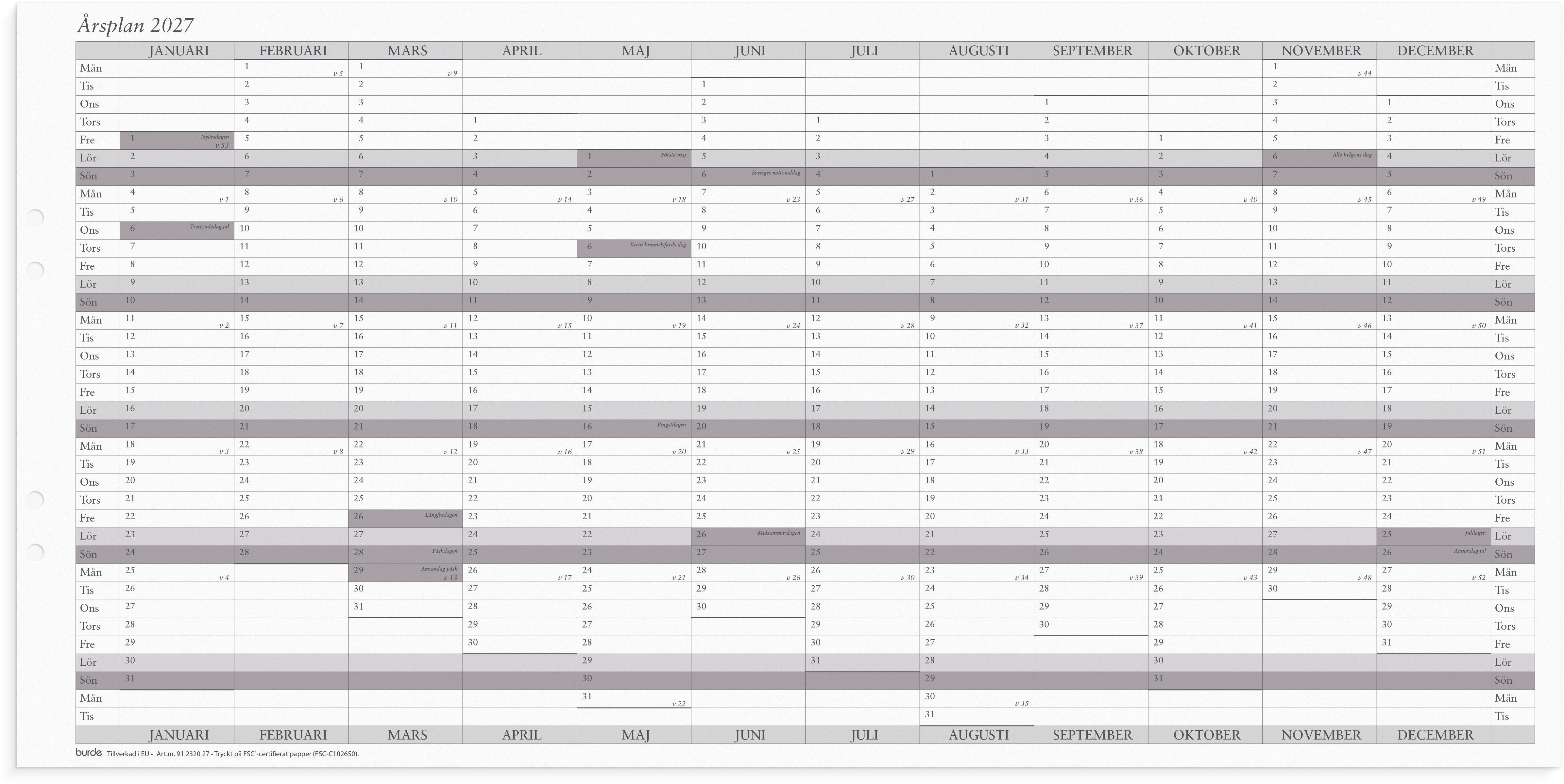 Produktbild - VF7009397 - Almanacka årsplan 2027 1 år/sida 600x297mm