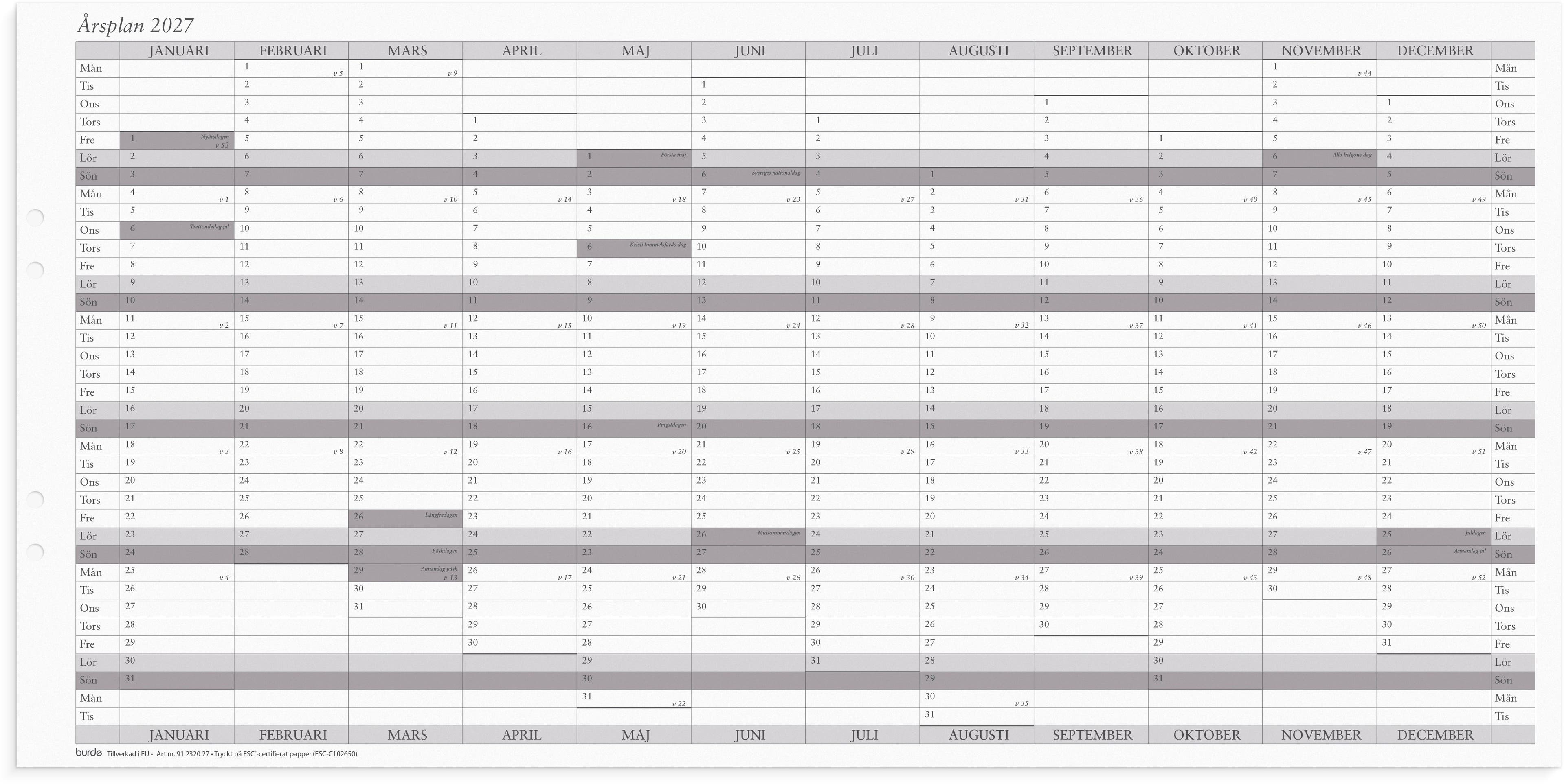 Produktbild - VF7009397 - Almanacka årsplan 2027 1 år/sida 600x297mm