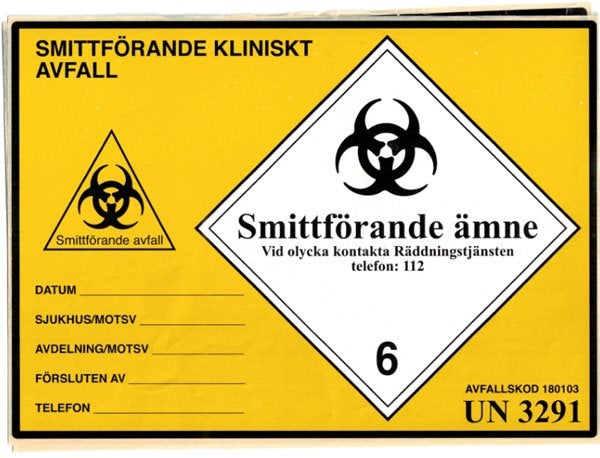 Produktbild - 57952 - Etikett för smittförande avfall ej Uppsala UN3291 gul/svart 150x200mm 100st/rulle