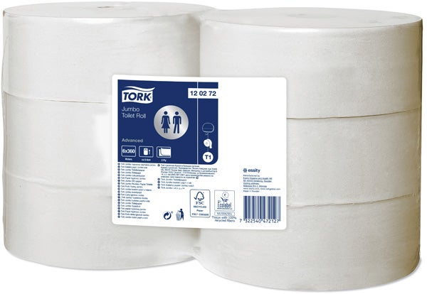 Produktbild - 53466 - Toalettpapper 2-lager perforerad till Tork Jumbo T1 360m