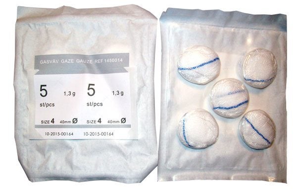 Produktbild - 55063 - Operationstork gasväv 5-lagers med röntgentråd nr 4 40mm 5-pack