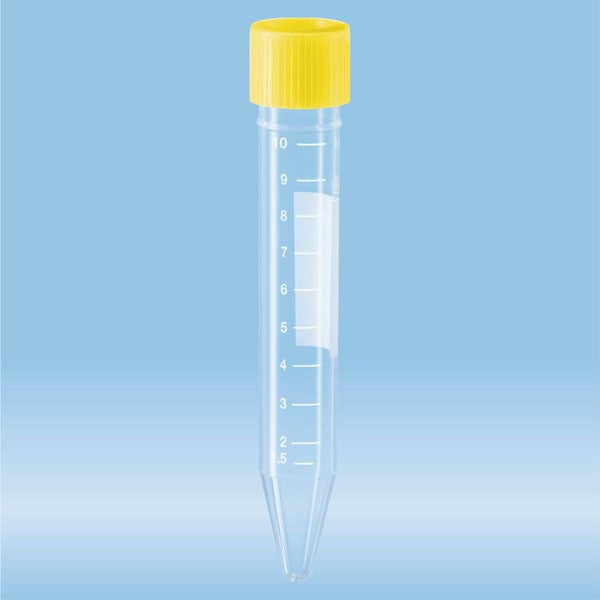 Produktbild - 80862 - Koniskt rör med skruvlock och skrivfält graderat 10ml 16x100mm
