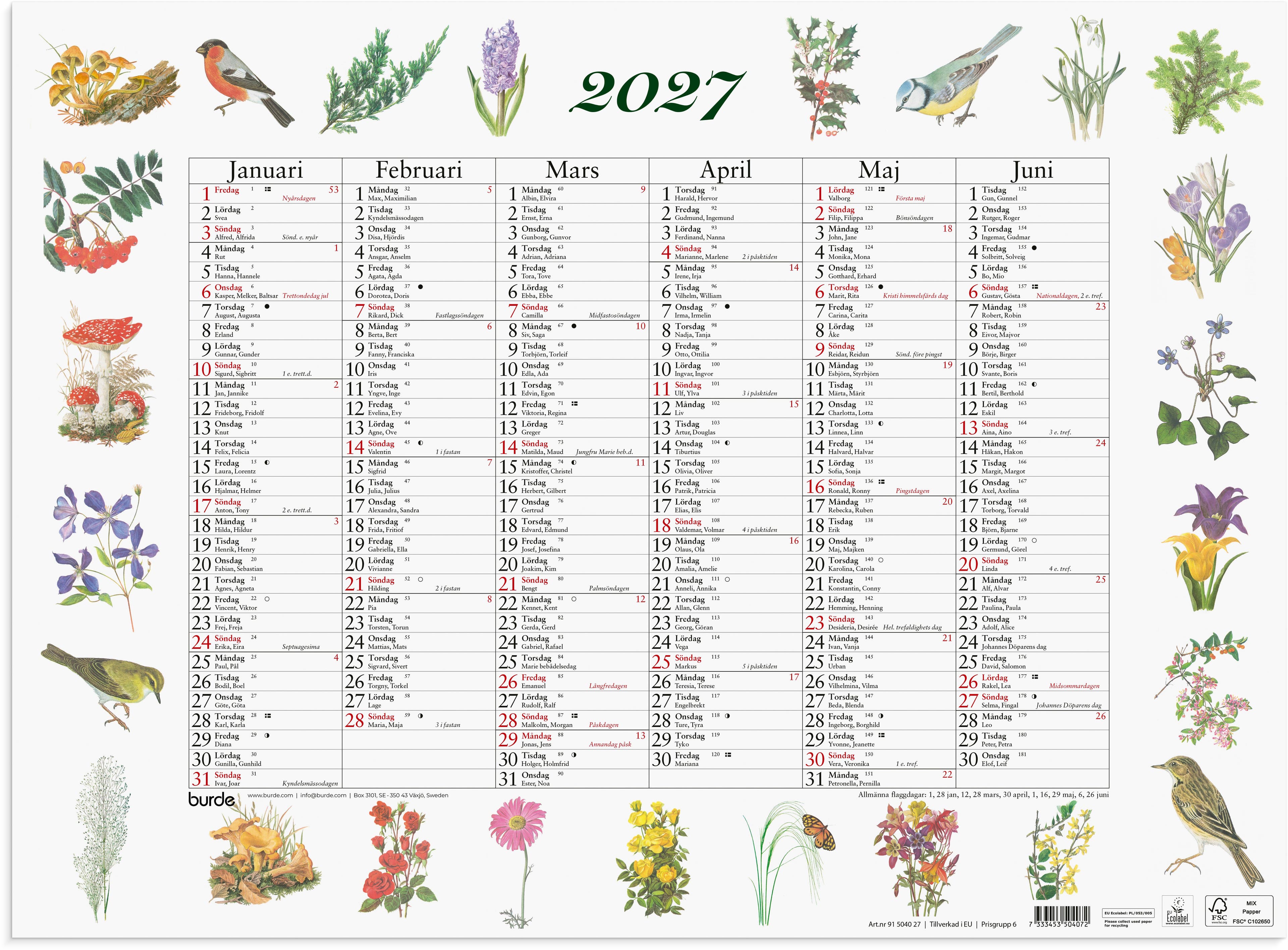 Produktbild - VF7009421 - Väggalmanacka stora natur 2027 halvår per sida 490mmx36cm