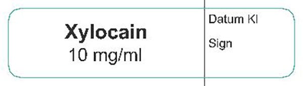 Produktbild - 62619 - Etikett Xylocain 10mg/ml vit/svart 12x50mm 500st/rulle