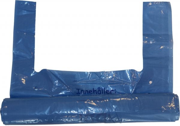 Produktbild - 57934 - Sopsäck plast med knythandtag och tryck Patientkläder blå 125L 10st/rulle