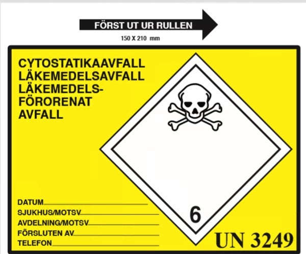 Produktbild - 59767 - Etikett för cytostatika och läkemedelsavfall UN3249 gul/svart 150x210mm 100st/rulle