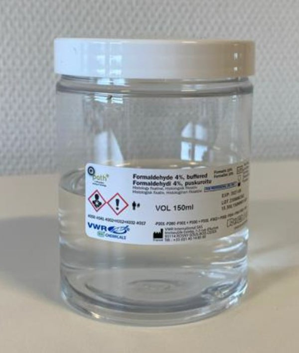 Produktbild - 65169 - Burk 300ml med skruvlock förfylld med 150ml buffrad 4% formaldehyd