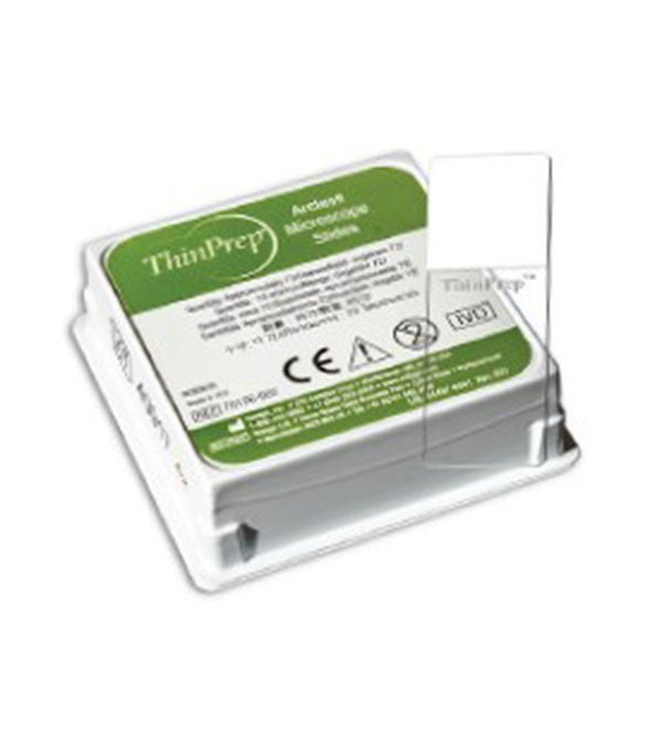 Produktbild - 65634 - Objektglas till ThinPrep positivt laddade för immunfärgning med skrivyta slipade med sneda hörn 26x76mm